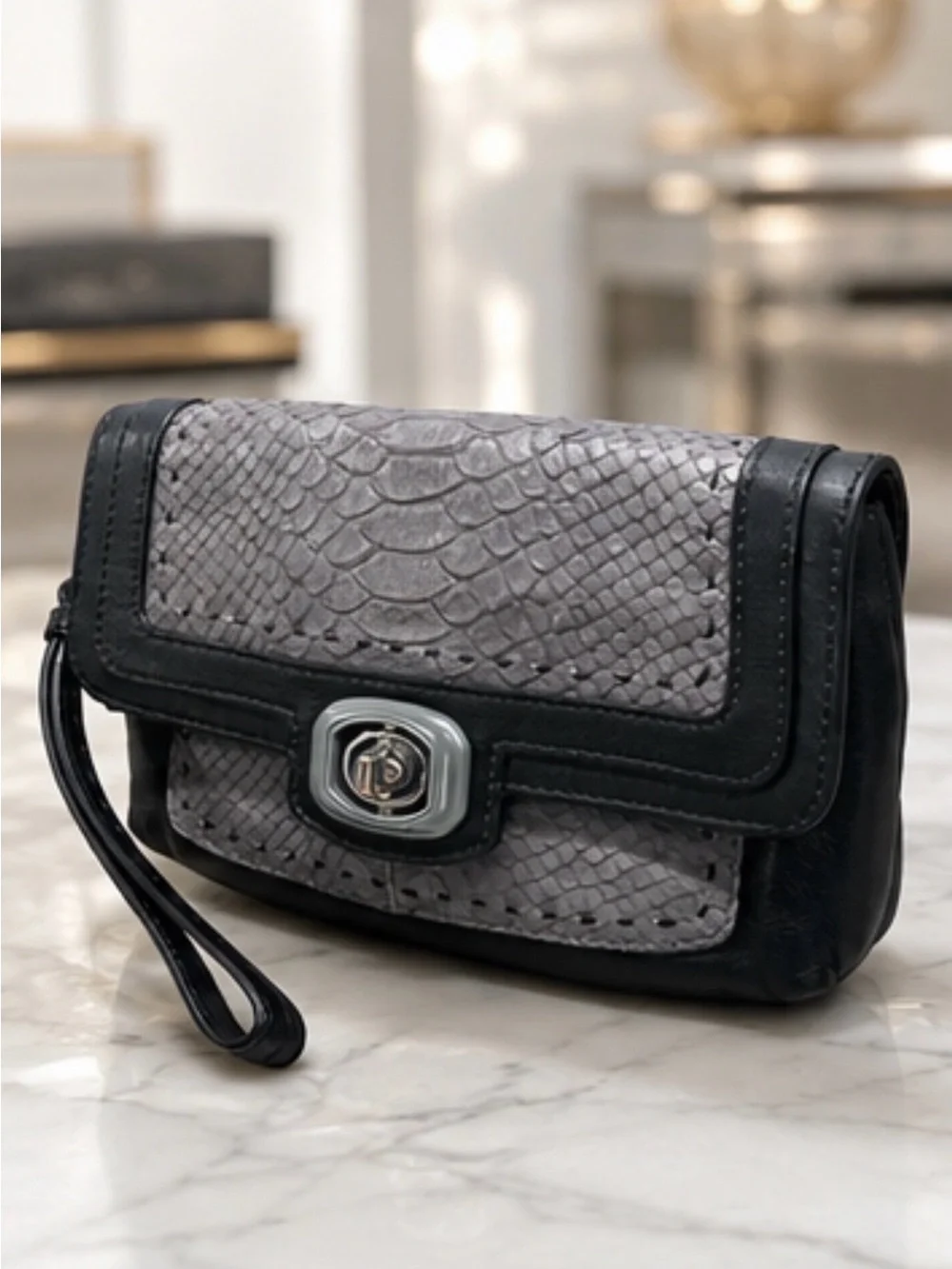 Coach Madison Python Embossed Leather Turnlock Wristlet Clutch Gray Black
